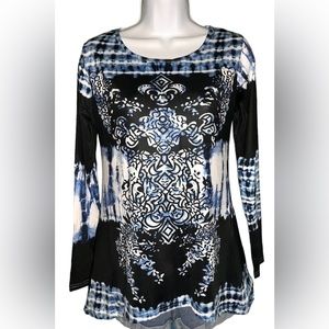 NWOT Blue Black White Tie Dye Multi print Long Sleeve Tunic Shirt Size Small